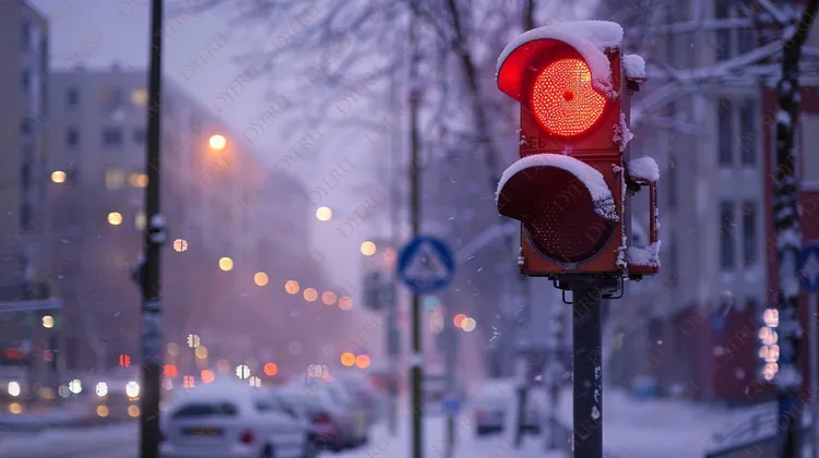 Sinal Vermelho em Dia de Neve: Trânsito Urbano em Inverno