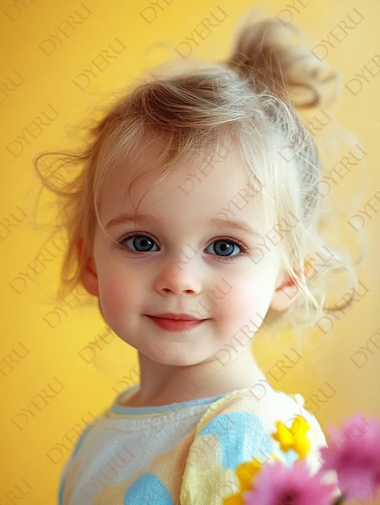 Menina pequena com cabelo loiro e olhos azuis, sorrindo em fundo amarelo