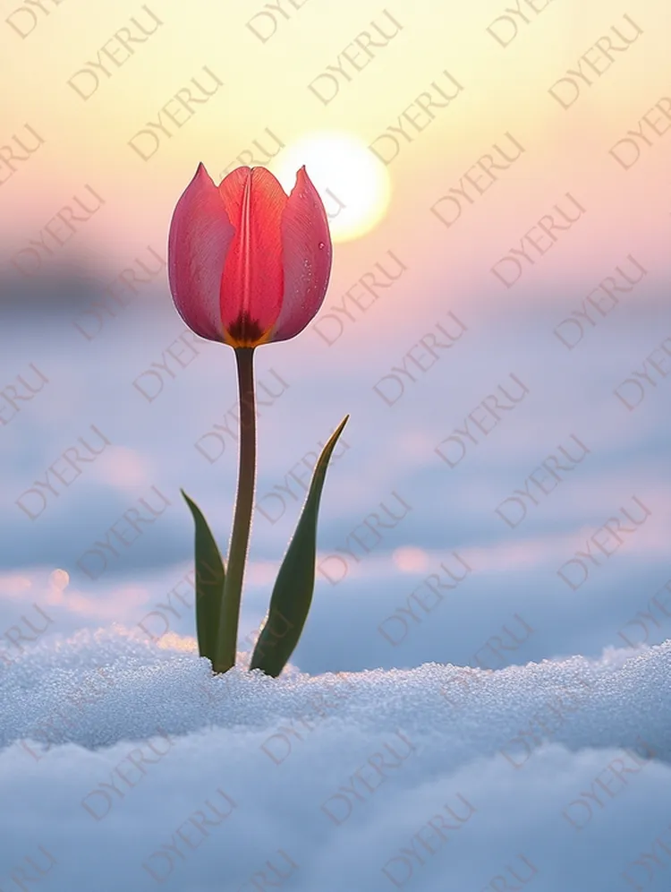 Tulipa Rosa Florescendo na Neve ao Amanhecer