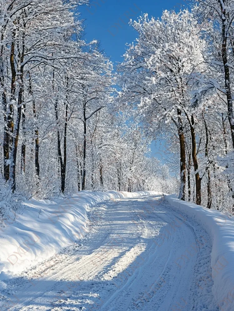 Caminho Neve Branca em Floresta Invernosa com Céu Azul Radiante