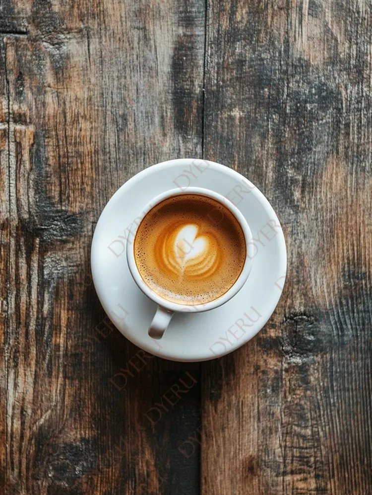 Xícara de café expresso com arte em latte sobre mesa de madeira rústica