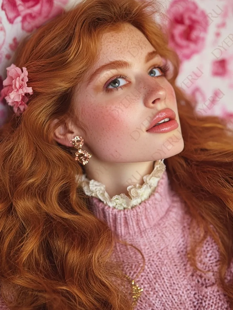 Retrato de jovem mulher ruiva com cabelo ondulado, maquiagem suave e acessórios elegantes em fundo floral