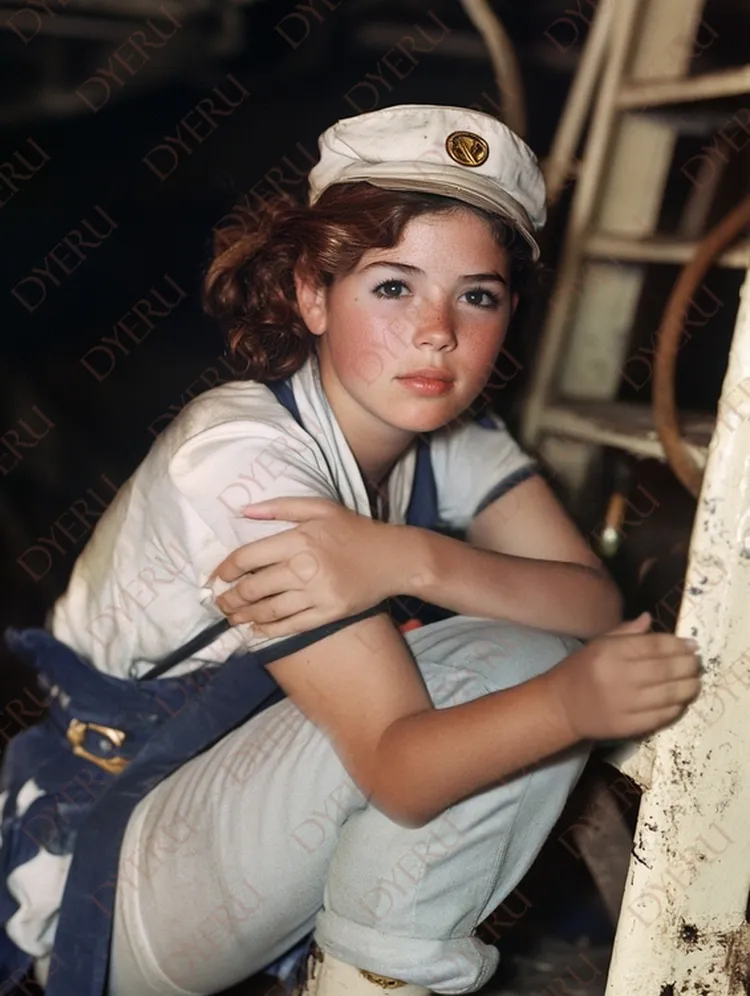 Jovem menina com boné de marinheiro, vestindo uniforme de trabalho, sentada em ambiente industrial