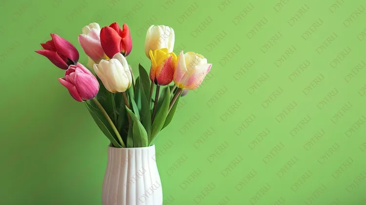 Arranjo de Tulipas Coloridas em Vaso Branco com Fundo Verde Vibrante