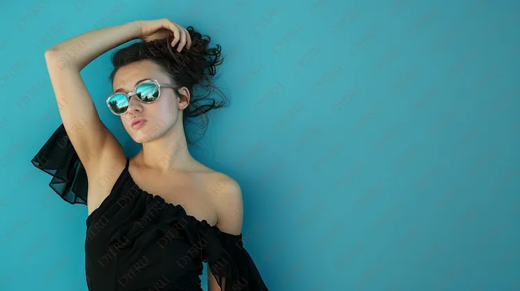 Jovem mulher estilosa com óculos de sol em fundo azul vibrante