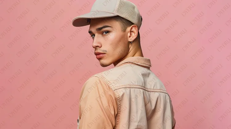 Jovem modelo masculino com boné, olhando para trás em fundo rosa
