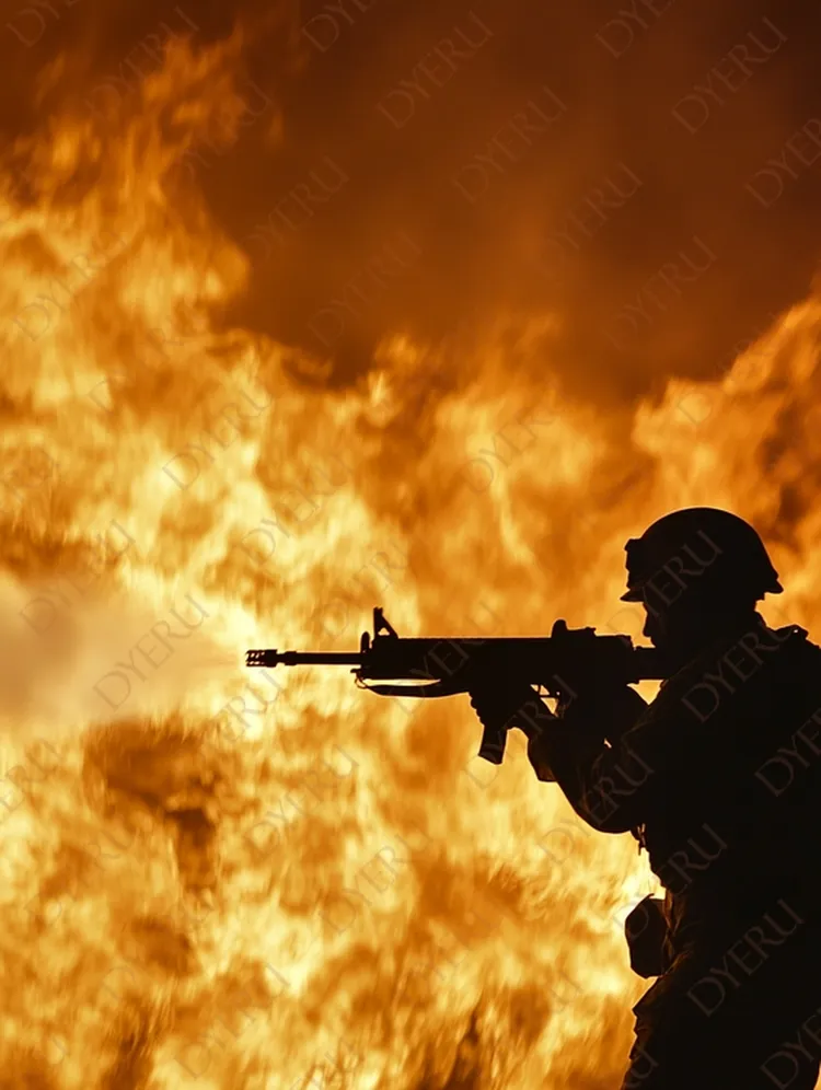 Soldado em Silhueta com Arma em Frente a Chamas Intensas