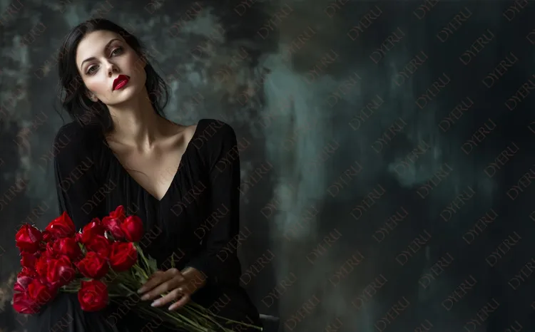 Mulher elegante com vestido preto segurando buquê de rosas vermelhas em fundo artístico