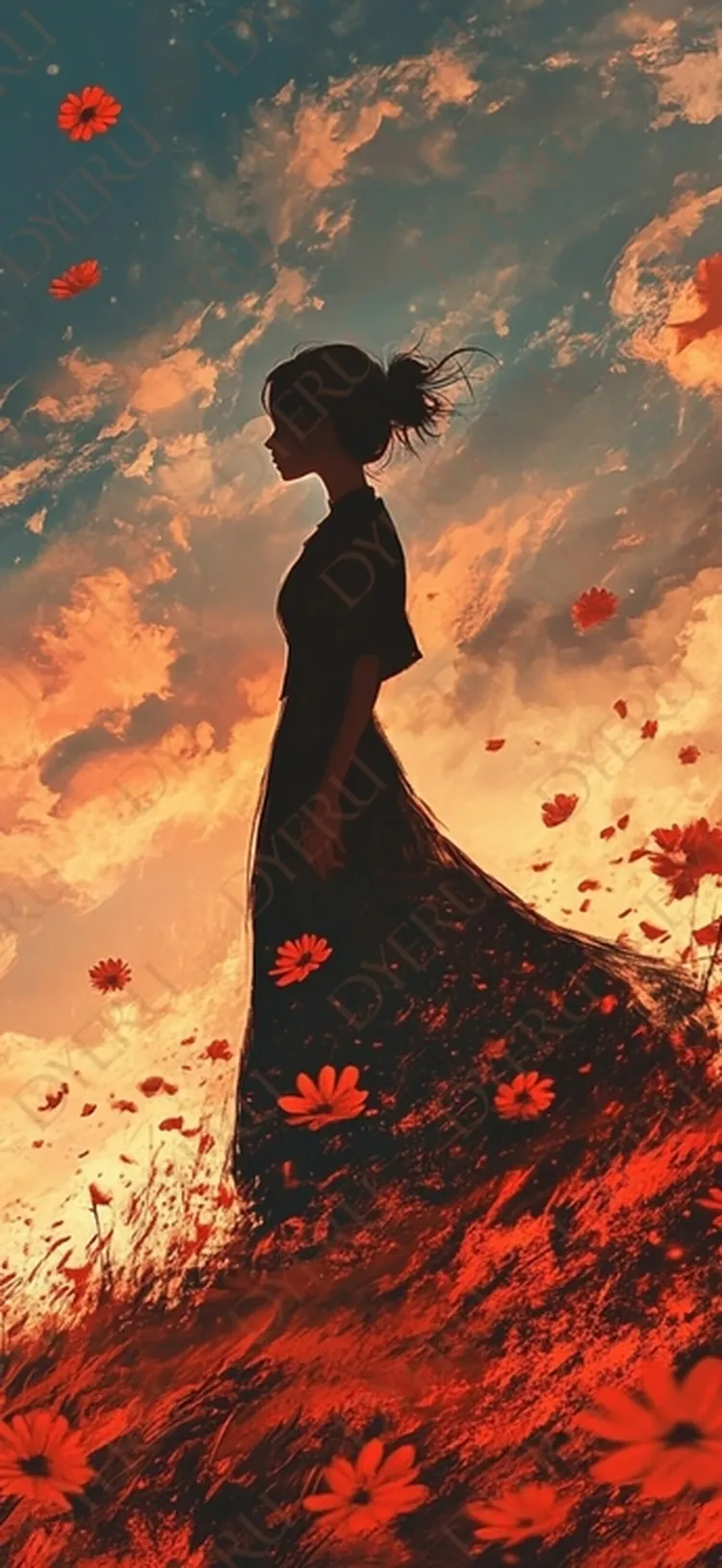 Silhueta de Mulher em Vestido Preto com Flores Vermelhas ao Entardecer