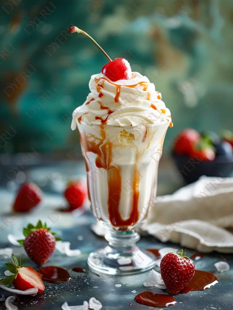 Sundae de Sorvete com Cobertura de Caramelo e Cereja em Taça Elegante