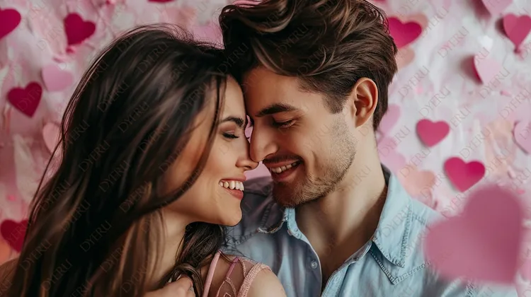 Casal Jovem e Feliz em Ambiente Romântico com Corações Rosa