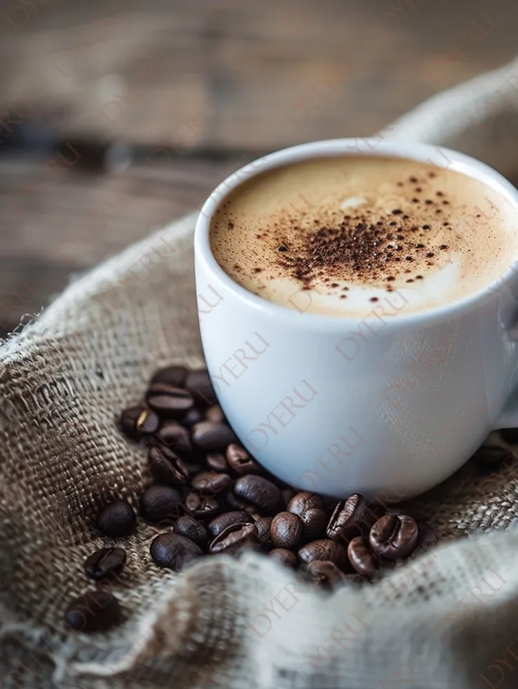 Café Aromático em Caneca Branca com Grãos de Café Torrados