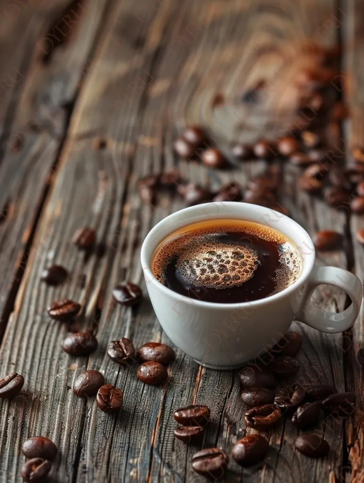 Copo de café fresco com grãos de café em uma mesa de madeira rústica