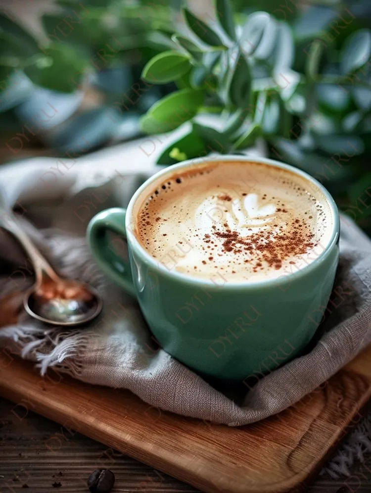 Xícara de café cremoso com arte em latte sobre tábua de madeira, cercada por folhas verdes